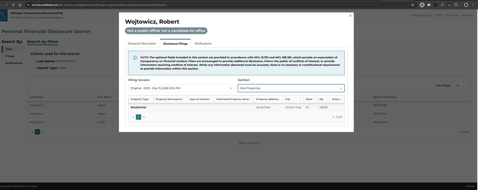 Real property section of Robert Wojtowicz 2026 Michigan Personal Financial Disclosure